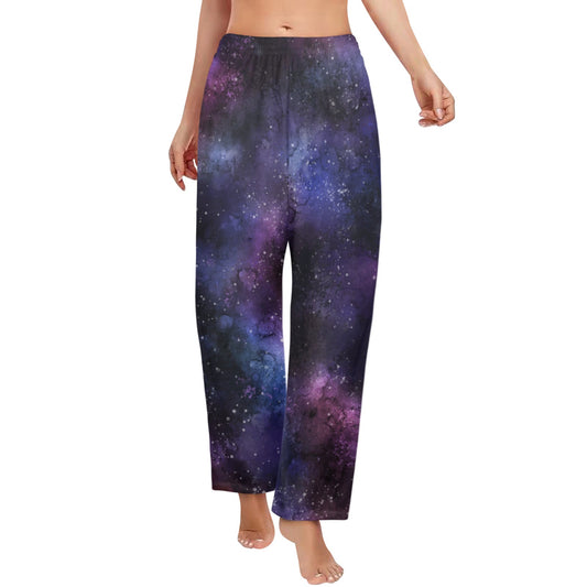 Space Galaxy Women Pajamas Pants, Universe Purple Cosmos Satin PJ Funny Pockets Trousers Couples Matching Ladies Trousers Bottoms