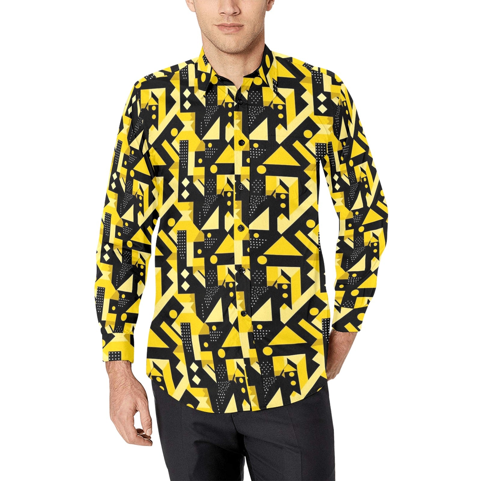 Black Yellow Geometric Long Sleeve Men Button Up Shirt, Abstract Modern Print Casual Buttoned Collared Designer Dress Shirt Chest Pocket 2XL Black Yellow Geometric Long Sleeve Men Button Up Shirt, Abstract Modern Print Casual Buttoned Collared Designer Dress Shirt Chest Pocket 2XL