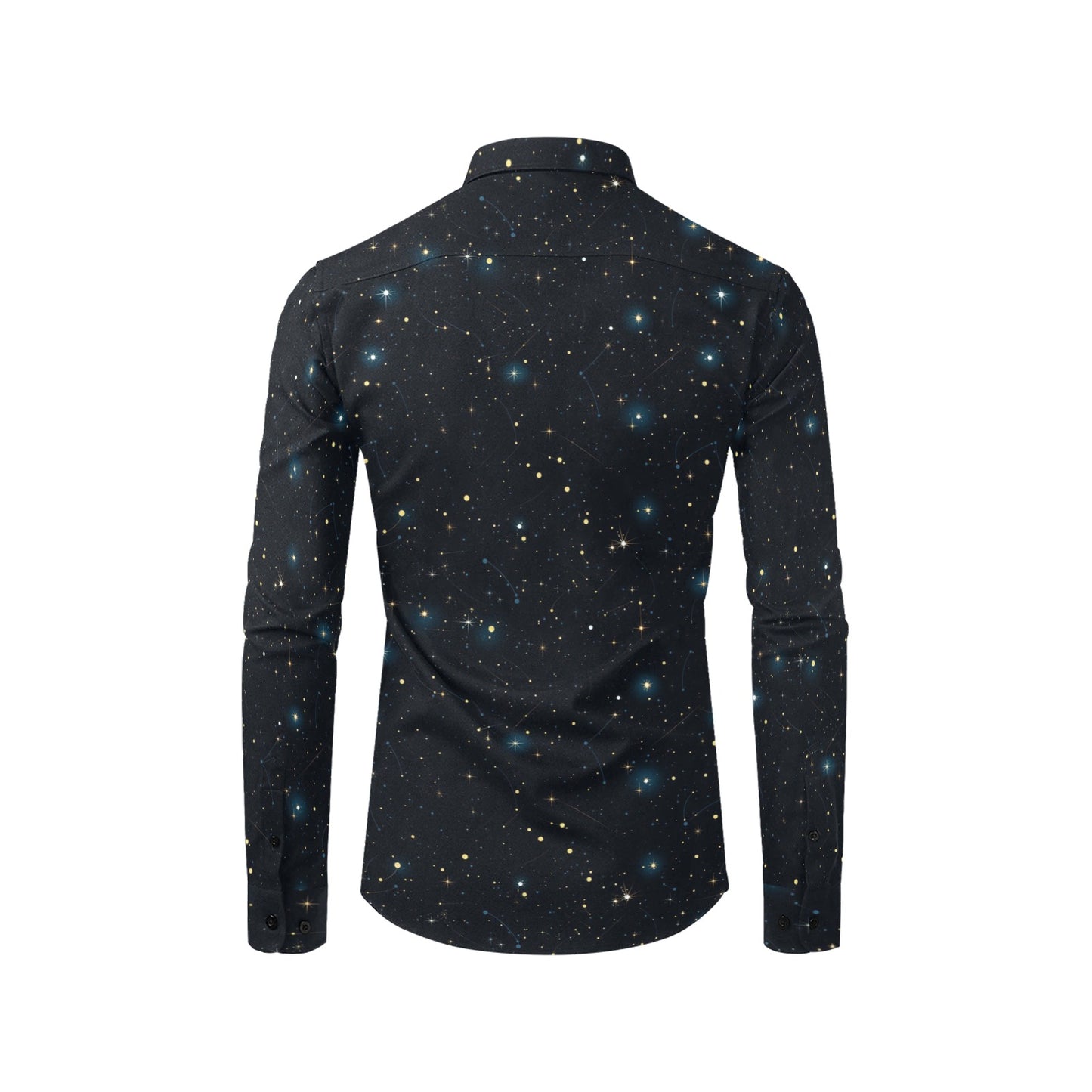 Constellation Space Long Sleeve Men Button Up Shirt, Universe Stars Galaxy Print Dress Guys Male Buttoned Collared Casual Shirt Chest Pocket