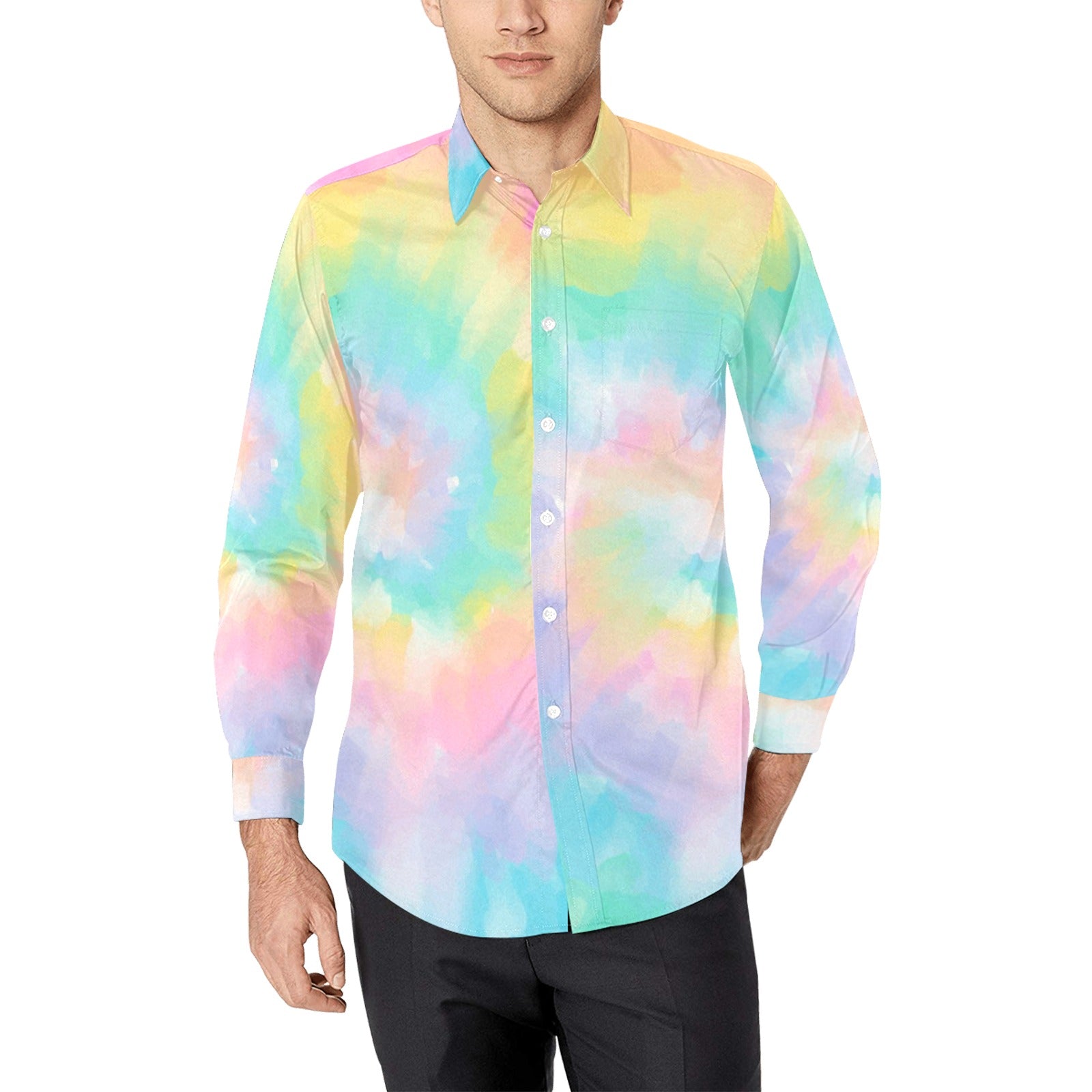 tie dye dress shirt Pastel Tie Dye Long Sleeve Men Button Up Shirt, Rainbow Groovy Spiral Print Buttoned Collared Casual Dress Shirt with Chest Pocket L