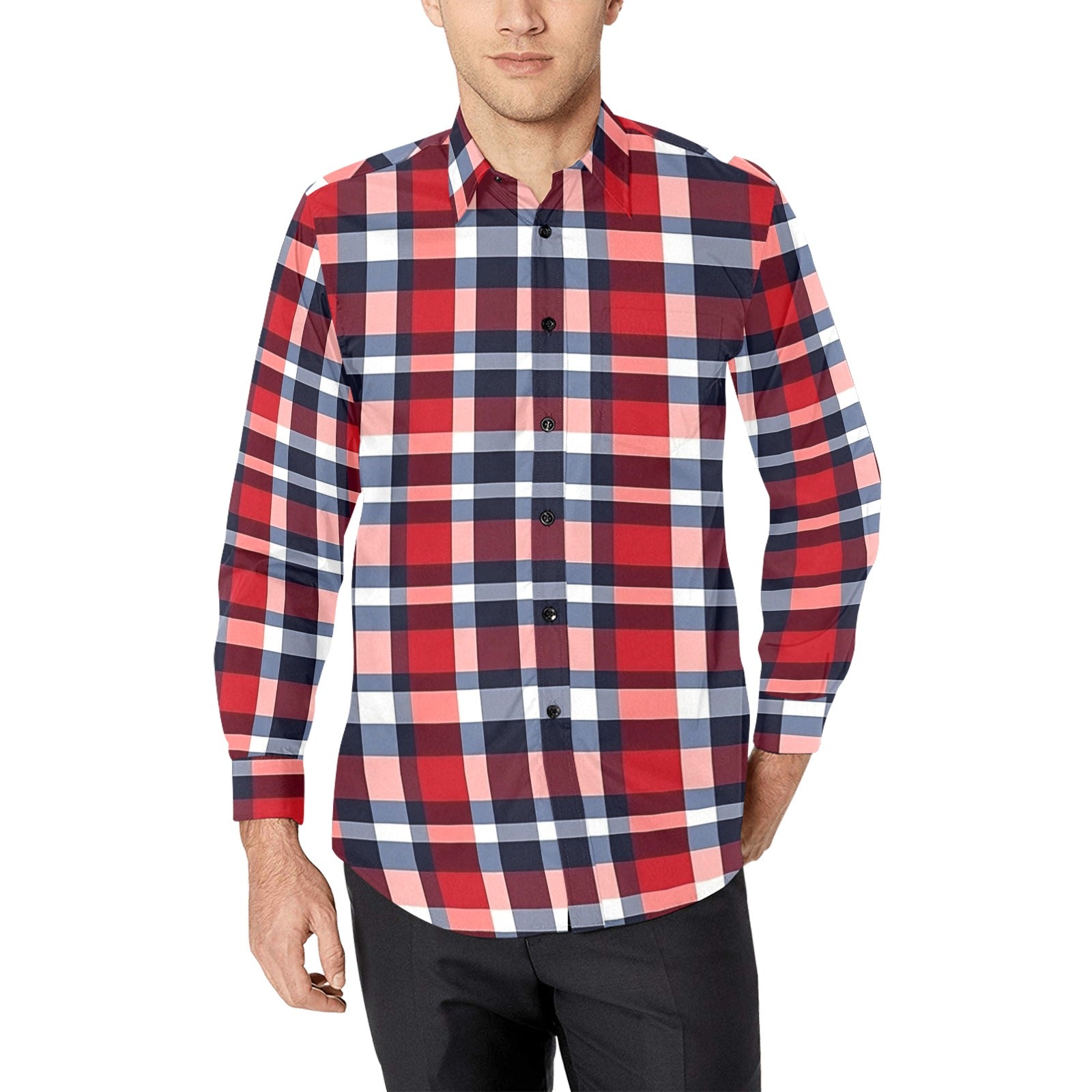 Red White Blue Plaid Long Sleeve Men Button Up Shirt, American Check Tartan Print Dress Buttoned Collar Dress Shirt with Chest Pocket Xs Red White Blue Plaid Long Sleeve Men Button Up Shirt, American Check Tartan Print Dress Buttoned Collar Dress Shirt with Chest Pocket Xs