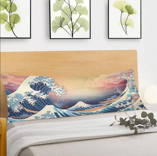 Great Wave Body Pillow Case, Japanese Ocean Sea Beach Long Full Large Bed Cute Accent Print Throw Decorative Cover 20x54 Satin Washable