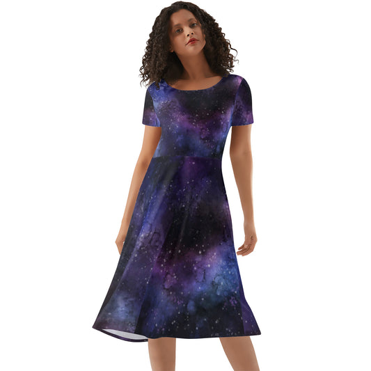 Galaxy Women's Short Sleeve Ruffle Midi Dress, Universe Outer Space Celestial Stars Print Evening Cocktail Party Cute Handmade Sexy Dress Starcove Fashion
