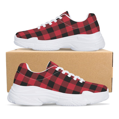 Red Buffalo Plaid Men's Chunky Shoes, Black Checkered Lace Up Exercise Unique Designer Custom Canvas Casual Streetwear Sneakers Starcove Fashion