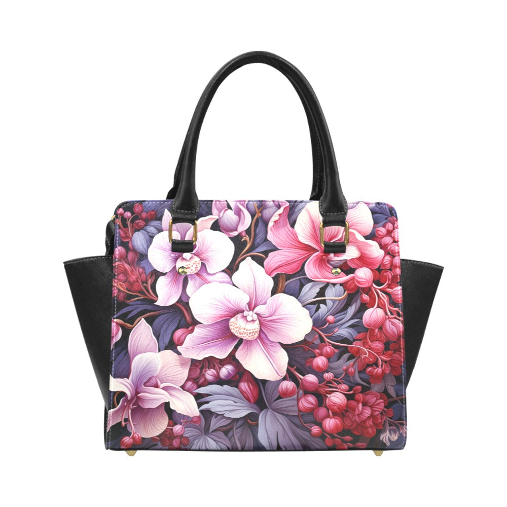 Orchids Floral Purse Handbag, Cute Flowers Pink Vegan Leather