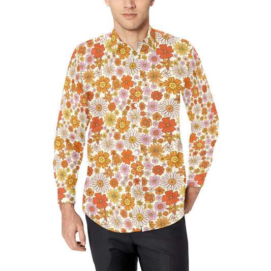 Retro Floral Long Sleeve Men Button Up Shirt, Orange 70s Groovy Funky Vintage 1970 Print Casual Dress Buttoned Collared Chest Pocket Starcove Fashion