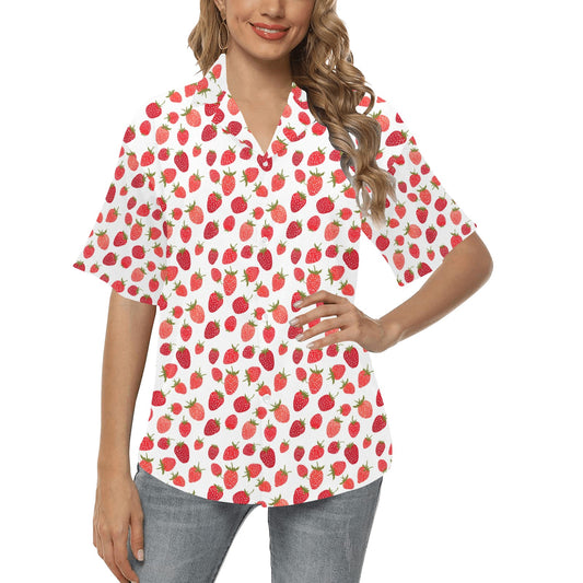 Strawberry Women Hawaiian shirt, Summer Fruit White Red Tropical Print Vintage Retro Hawaii Aloha Cool Button Up Down Ladies Cool Blouse