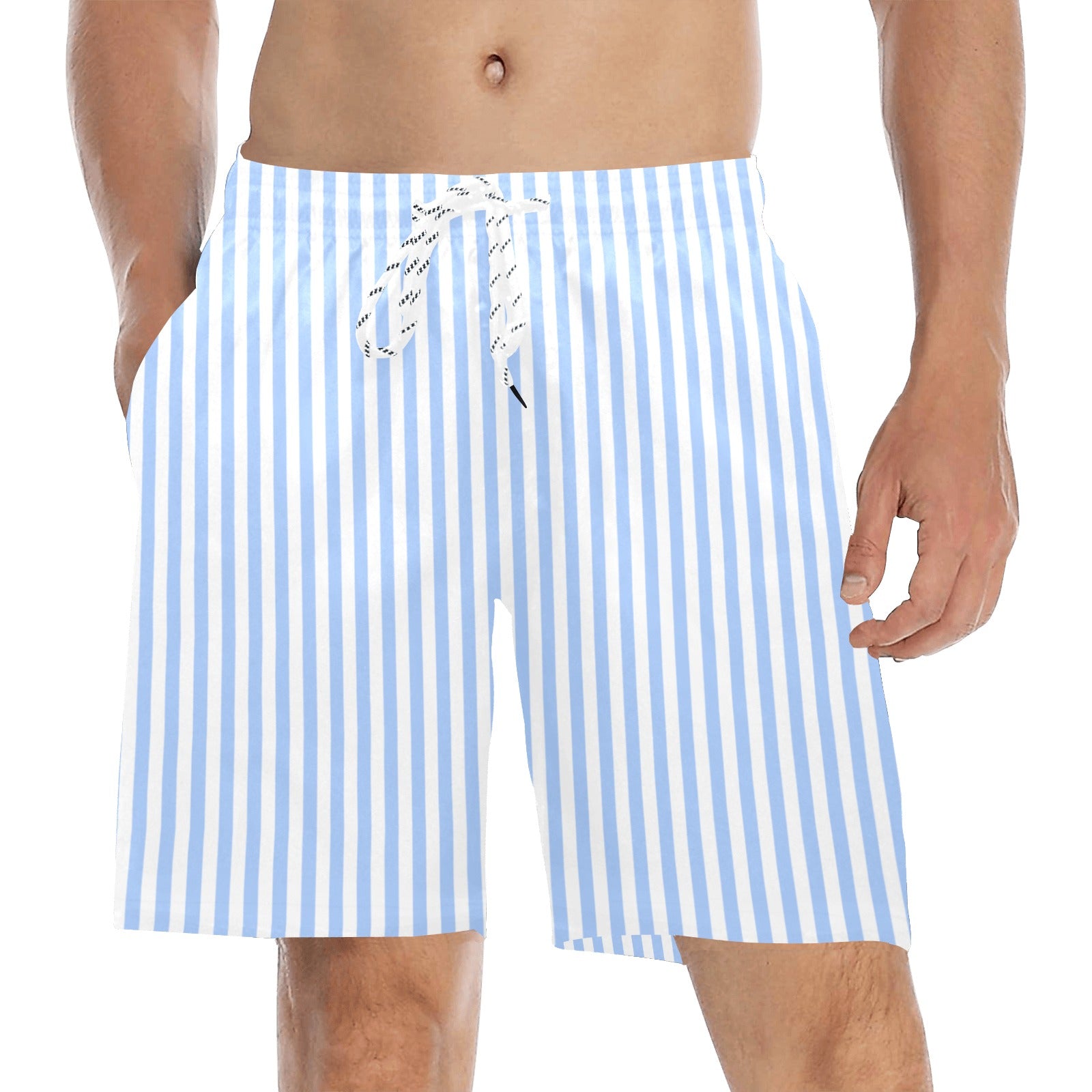 Blue White Striped Men Swim Trunks, Mid Length Shorts Beach Pockets Me