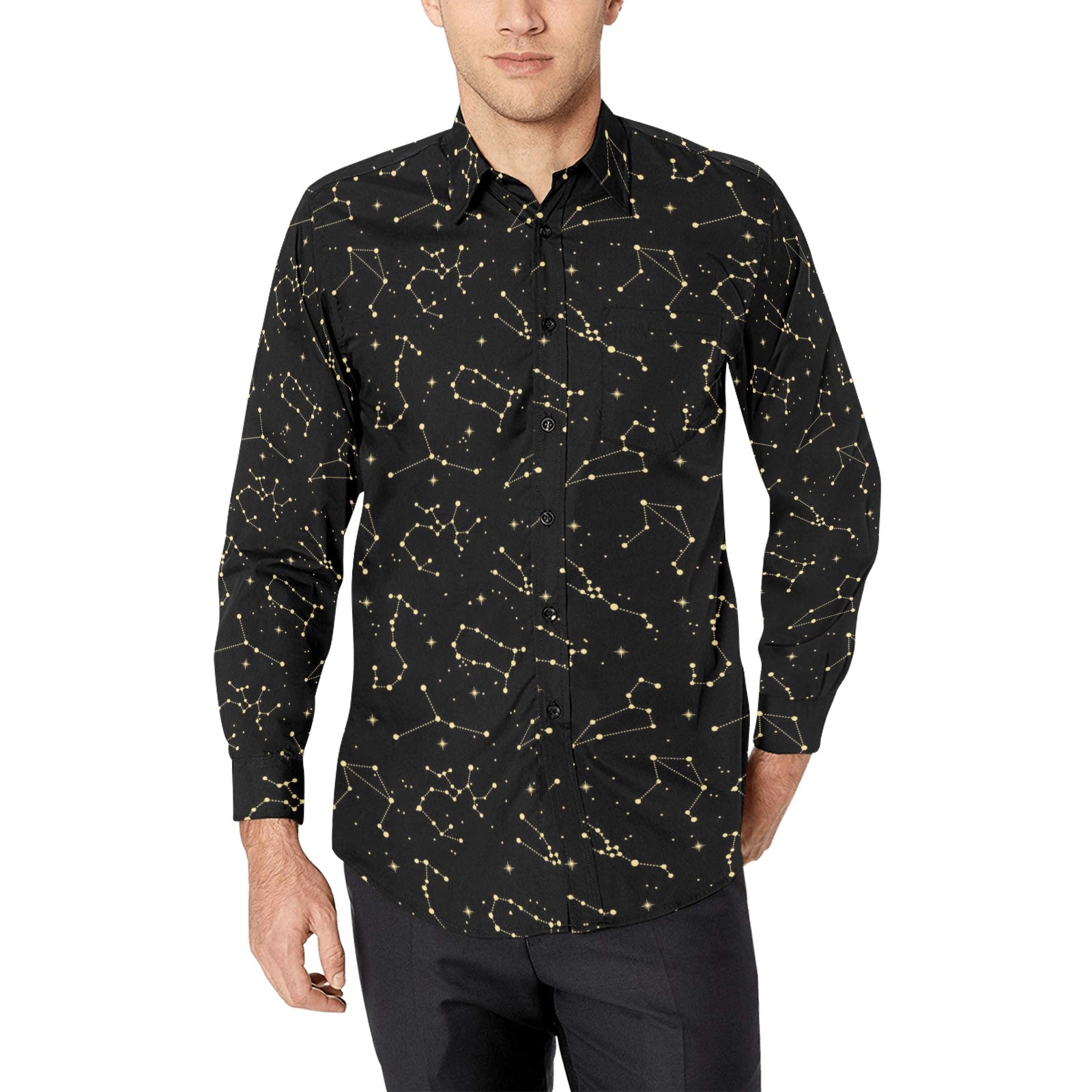 Black Constellation Space Long Sleeve Men Button Up Shirt, Universe Galaxy Gold Stars Print Buttoned Guys Collared Casual Dress Chest Pocket 2XL Black Constellation Space Long Sleeve Men Button Up Shirt, Universe Galaxy Gold Stars Print Buttoned Guys Collared Casual Dress Chest Pocket 2XL