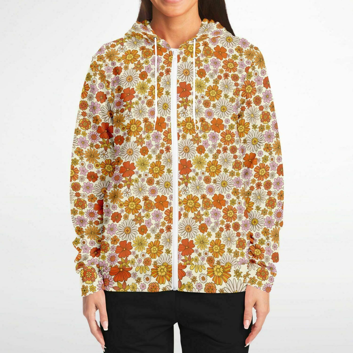 Groovy Flowers Zip Up Hoodie, Vintage Floral 70s Orange Zipper Pocket Men Women Unisex Adult Aesthetic Cotton Fleece Hooded Sweatshirt Starcove Fashion