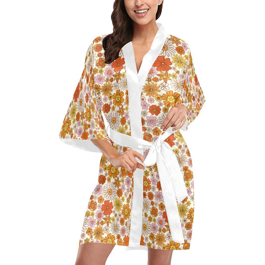 Floral Kimono Robe, Groovy Retro Flowers Print 70s Peignoir Sexy Women's Short Vintage Lounge Sleepwear Long Sleeve Bathrobe