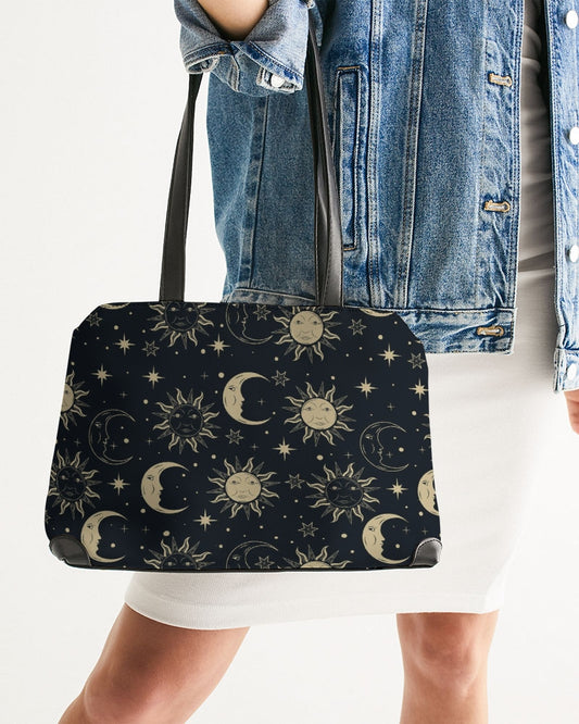 Sun Moon Shoulder Purse Handbag, Black Gold Stars Constellation Print Faux Vegan Leather Designer Gift Satchel Top Handle Bag with Strap Zip Starcove Fashion