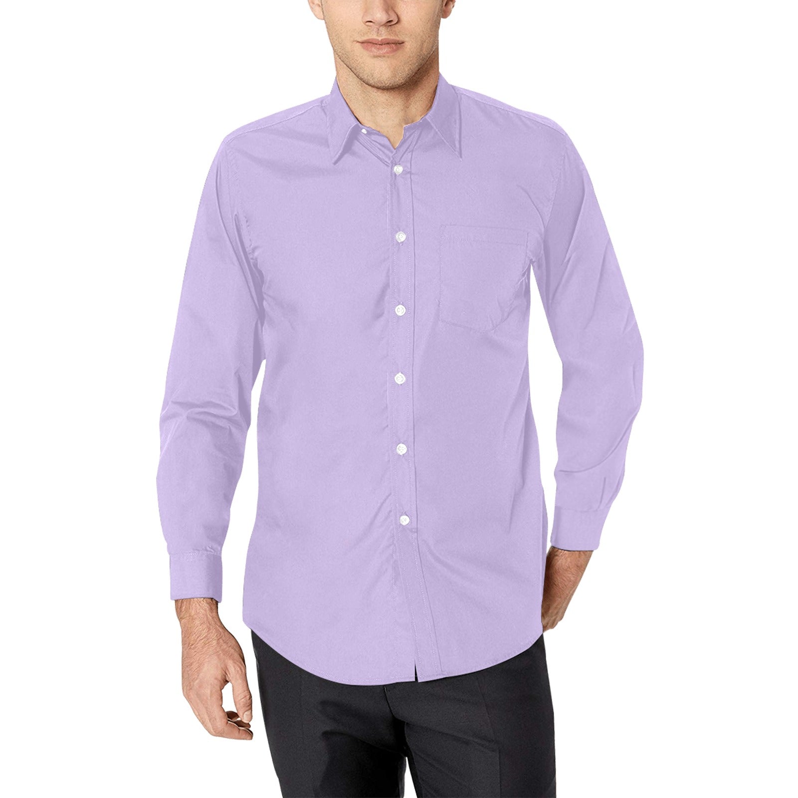 Purple Long Sleeve Men Button Up Shirt, Lilac Lavender Solid Color Print Dress Buttoned Collar Dress Shirt with Chest Pocket Xs Purple Long Sleeve Men Button Up Shirt, Lilac Lavender Solid Color Print Dress Buttoned Collar Dress Shirt with Chest Pocket Xs