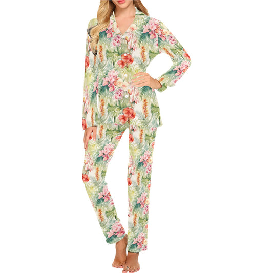 Tropical Women Pajama Set, Ladies Female 2 Piece Pants Floral Flowers Palm Leaf Green Pink Print Top PJ Holiday Cozy Sleep Sleepwear Cute