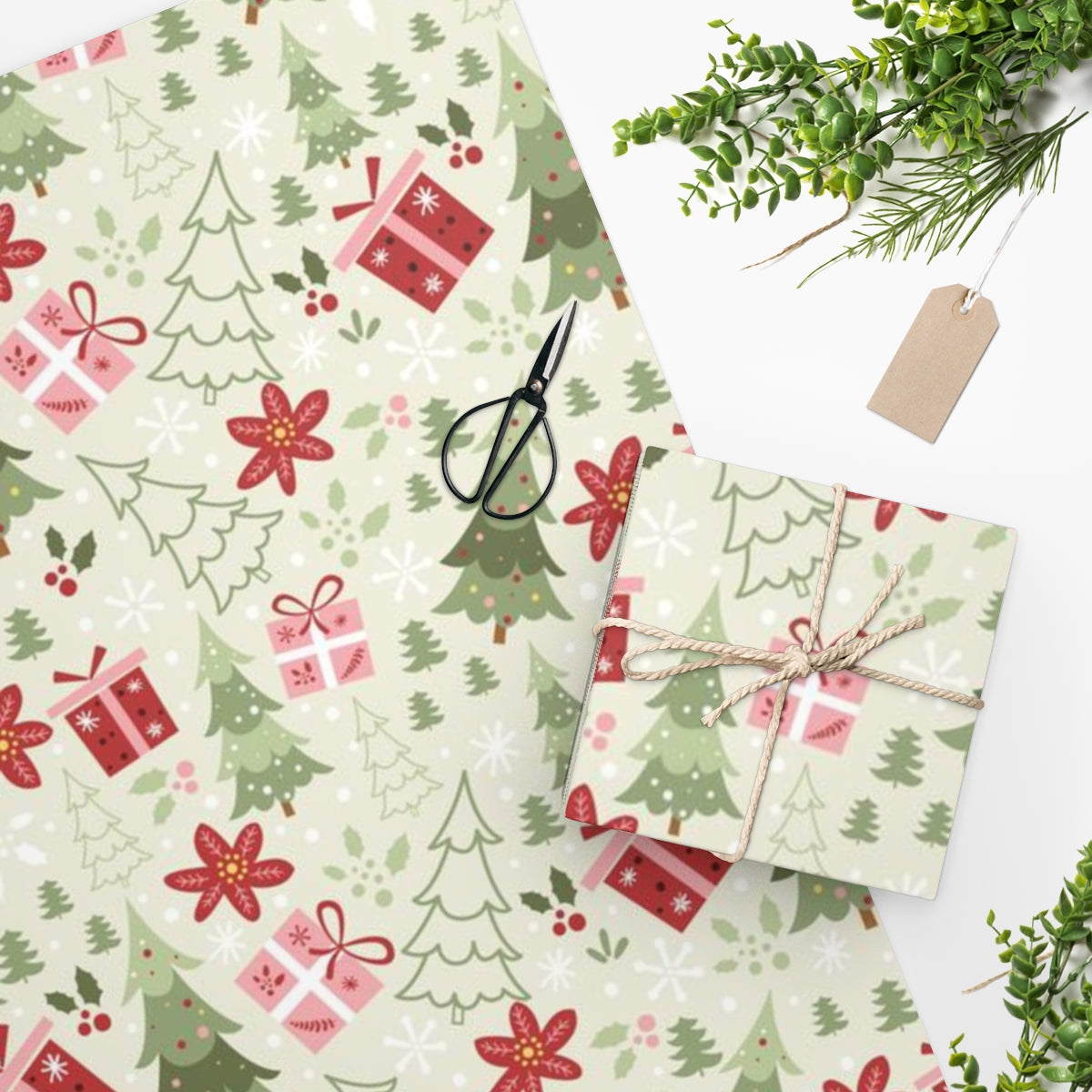 Vintage Christmas Wrapping Paper, Green Pine Trees Print Art Holiday Gift Wrap Decorative Vintage Xmas Wrapper Roll Starcove Fashion