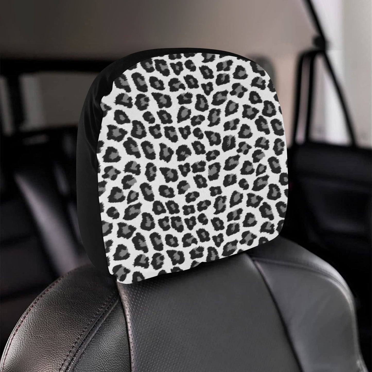 Snow Leopard Car Seat Headrest Cover (2pcs), Animal Print Black White Truck Suv Van Vehicle Auto Decoration Protector New Car Gift