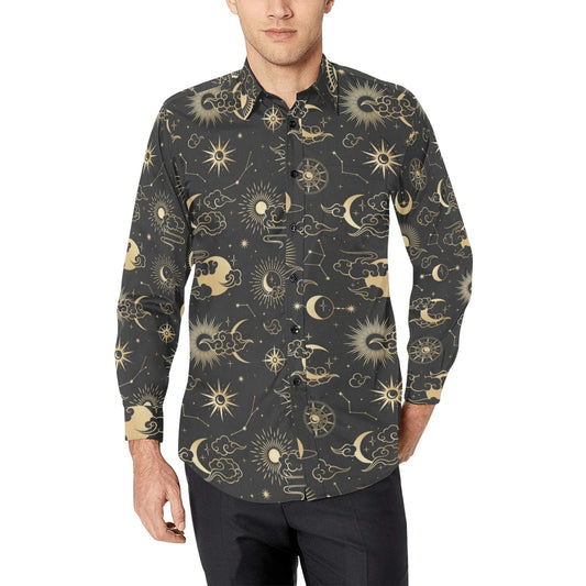 Moon Sun Long Sleeve Men Button Up Shirt, Space Stars Universe Constellation Print Buttoned Collared Dress Shirt with Chest Pocket Starcove Fashion