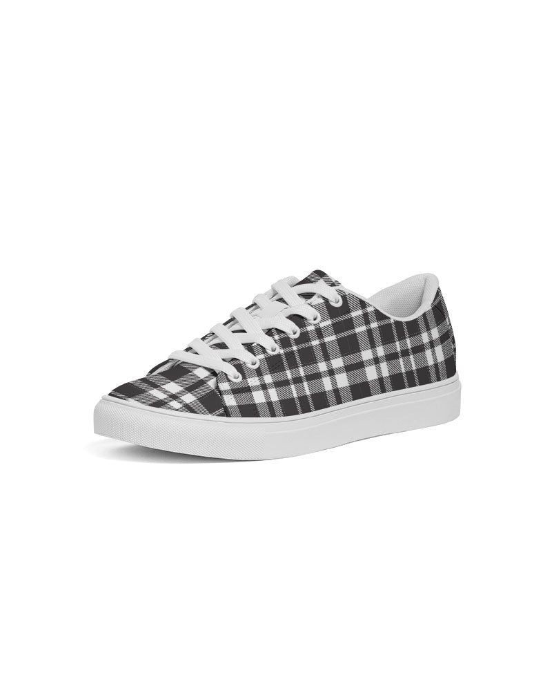 Black Buffalo Plaid Men's Vegan Leather Shoe, Black White Tartan Check Checkered Faux Leather Lace Up Breathable Sneaker Starcove Fashion