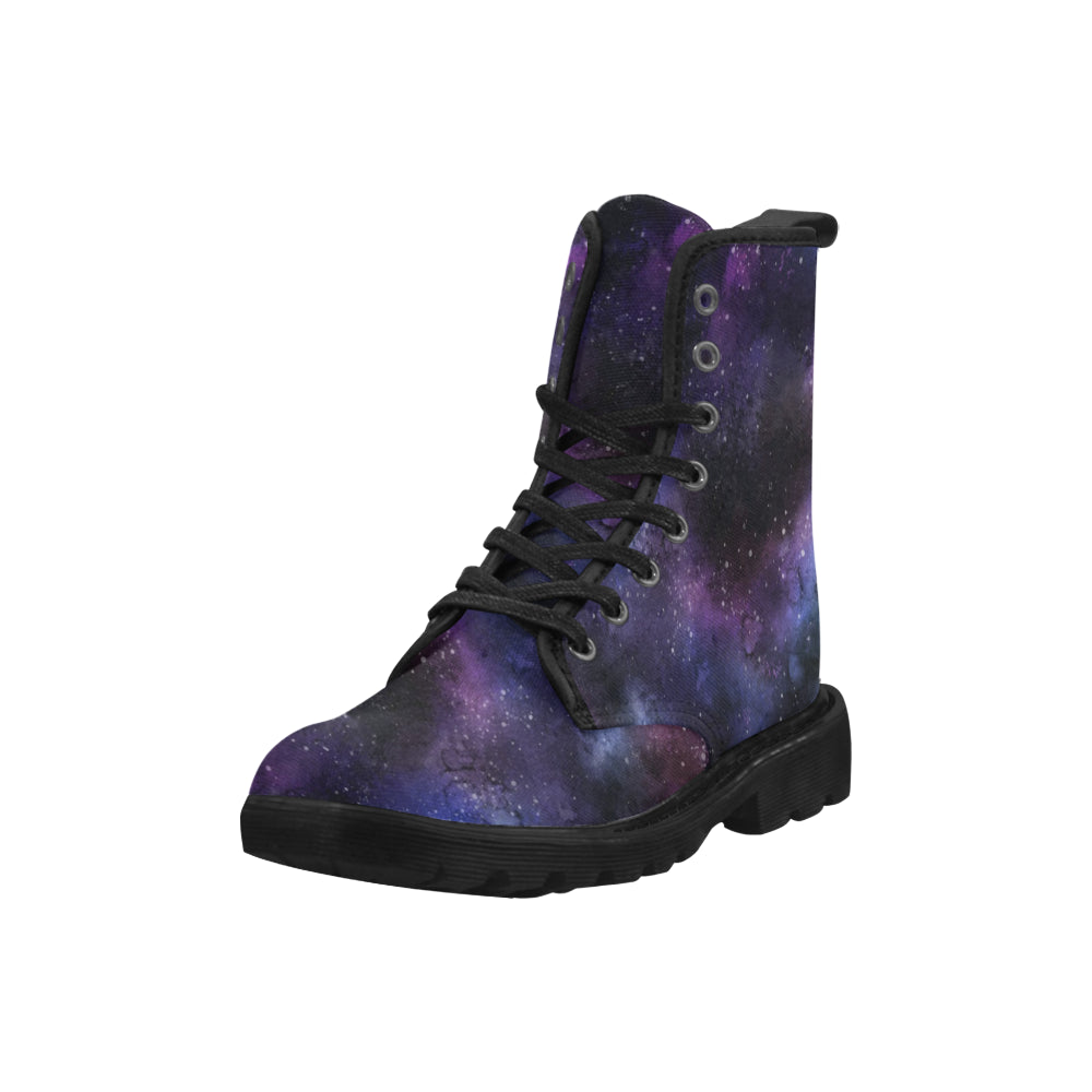 Galaxy Space boots Women's Vegan Canvas Lace Up Shoes, Purple Universe Constellation Festival Print Black Ankle Combat, Casual Custom Gift Starcove Fashion
