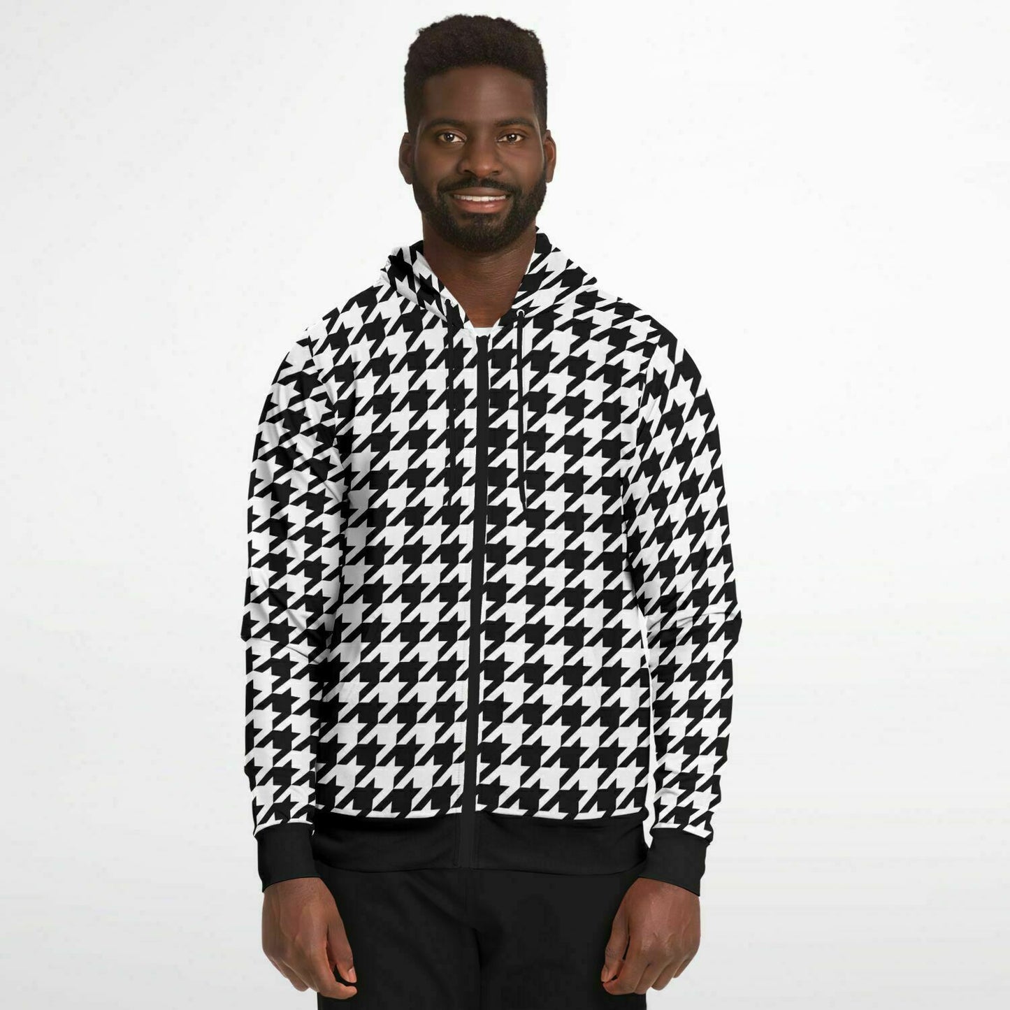 Houndstooth Zip Up Hoodie, Black White Front Zipper Pocket Men Women Unisex Adult Aesthetic Graphic Cotton Fleece Hooded Sweatshirt Starcove Fashion