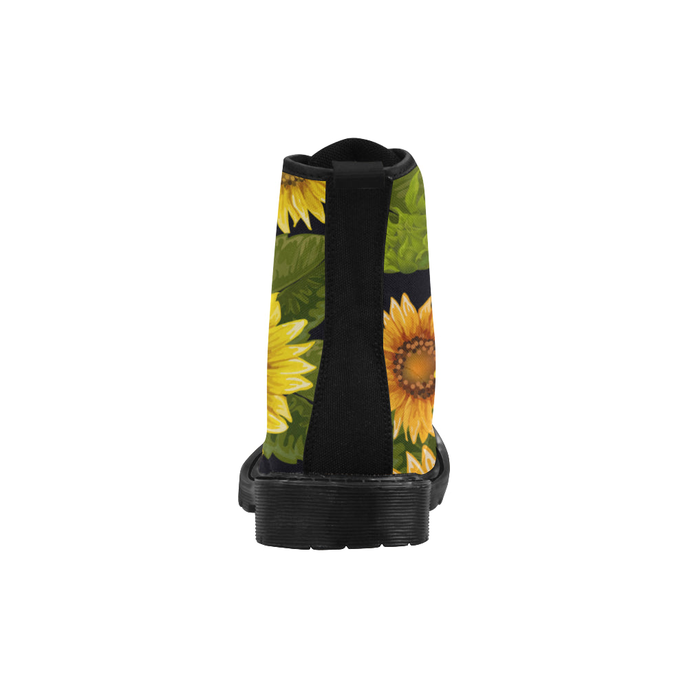 Sunflower Women's Boots, Floral Black Combat Shoes Vegan Canvas Lace Up Yellow Flower Print Ankle Casual Custom Vintage Gift Starcove Fashion