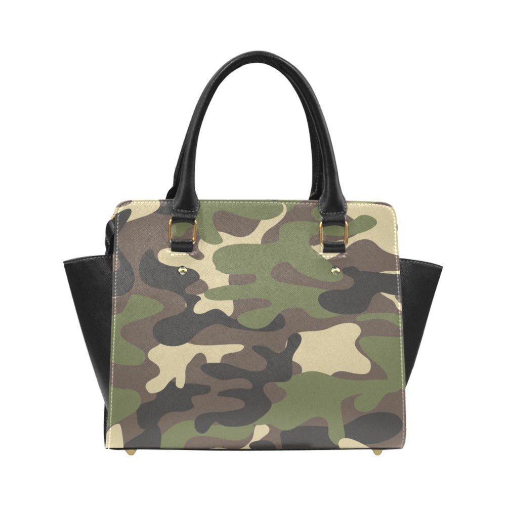 Camo Shoulder Purse Handbag, Green Camouflage Print High Grade Vegan Leather Designer Women Gift Satchel Top Handle Zip Bag Strap