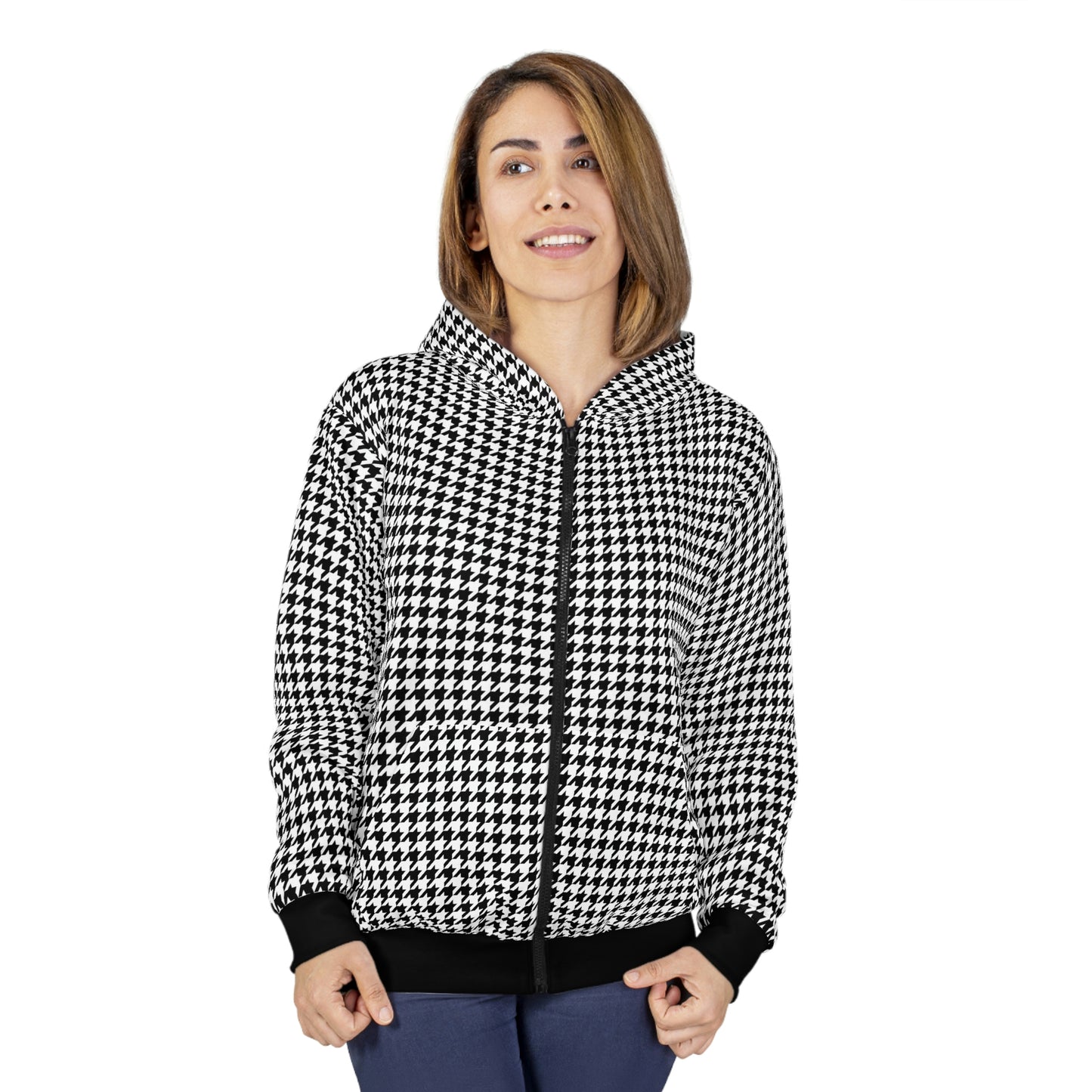 Houndstooth Zip Up Hoodie, Black White Front Zipper Pocket Men Women Unisex Adult Aesthetic Graphic Cotton Fleece Hooded Sweatshirt Starcove Fashion