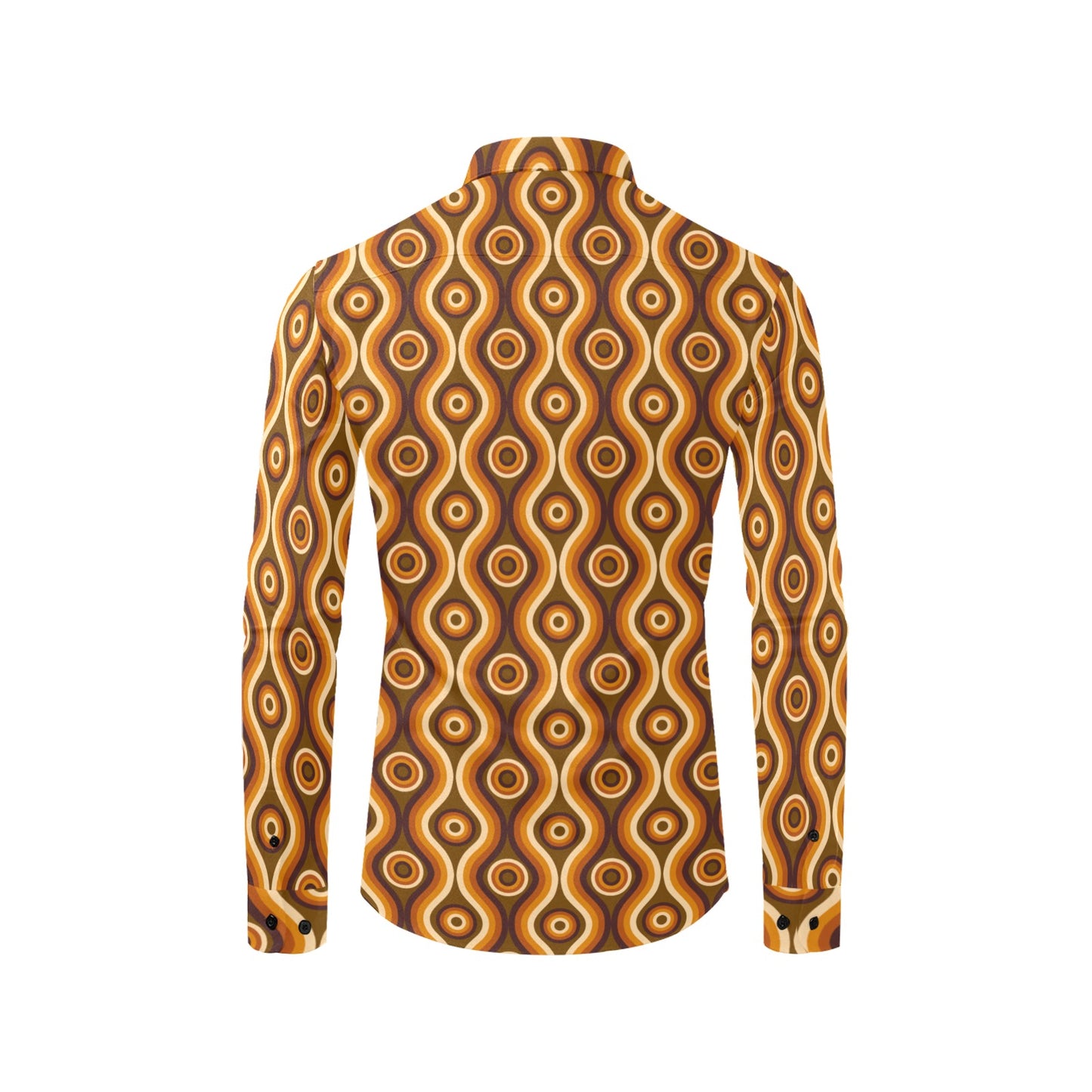 Retro 70s Long Sleeve Men Button Up Shirt, Groovy Funky Bold Orange Brown 1970 Print Casual Dress Buttoned Collared with Chest Pocket Starcove Fashion