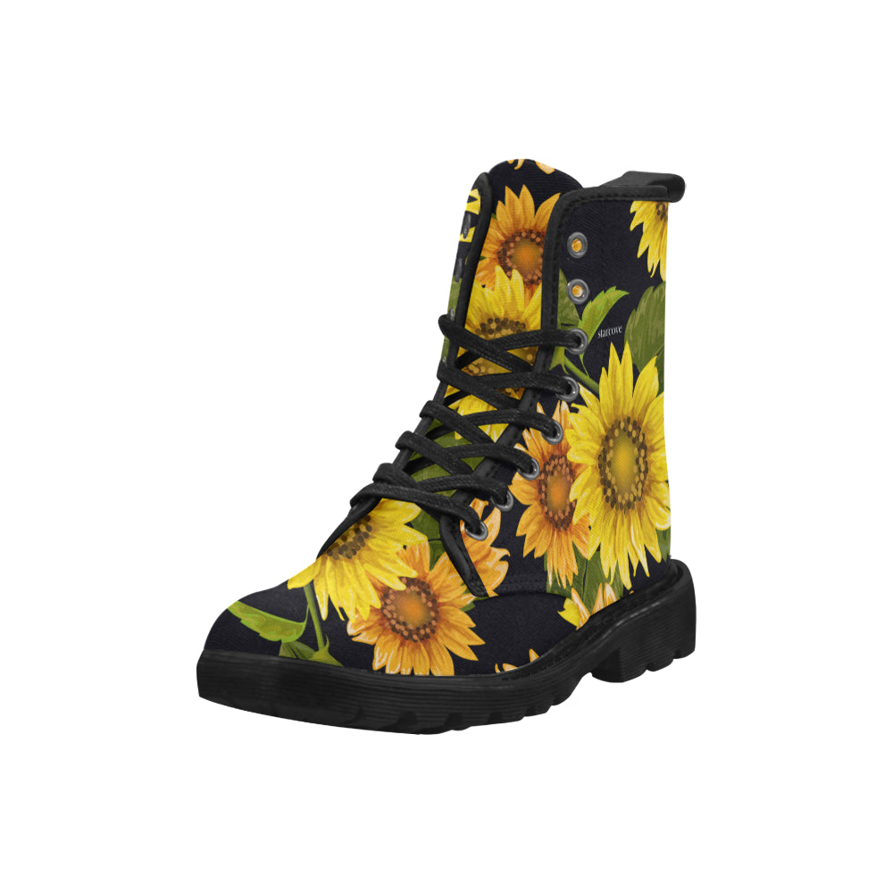 Sunflower Women's Boots, Floral Black Combat Shoes Vegan Canvas Lace Up Yellow Flower Print Ankle Casual Custom Vintage Gift Starcove Fashion