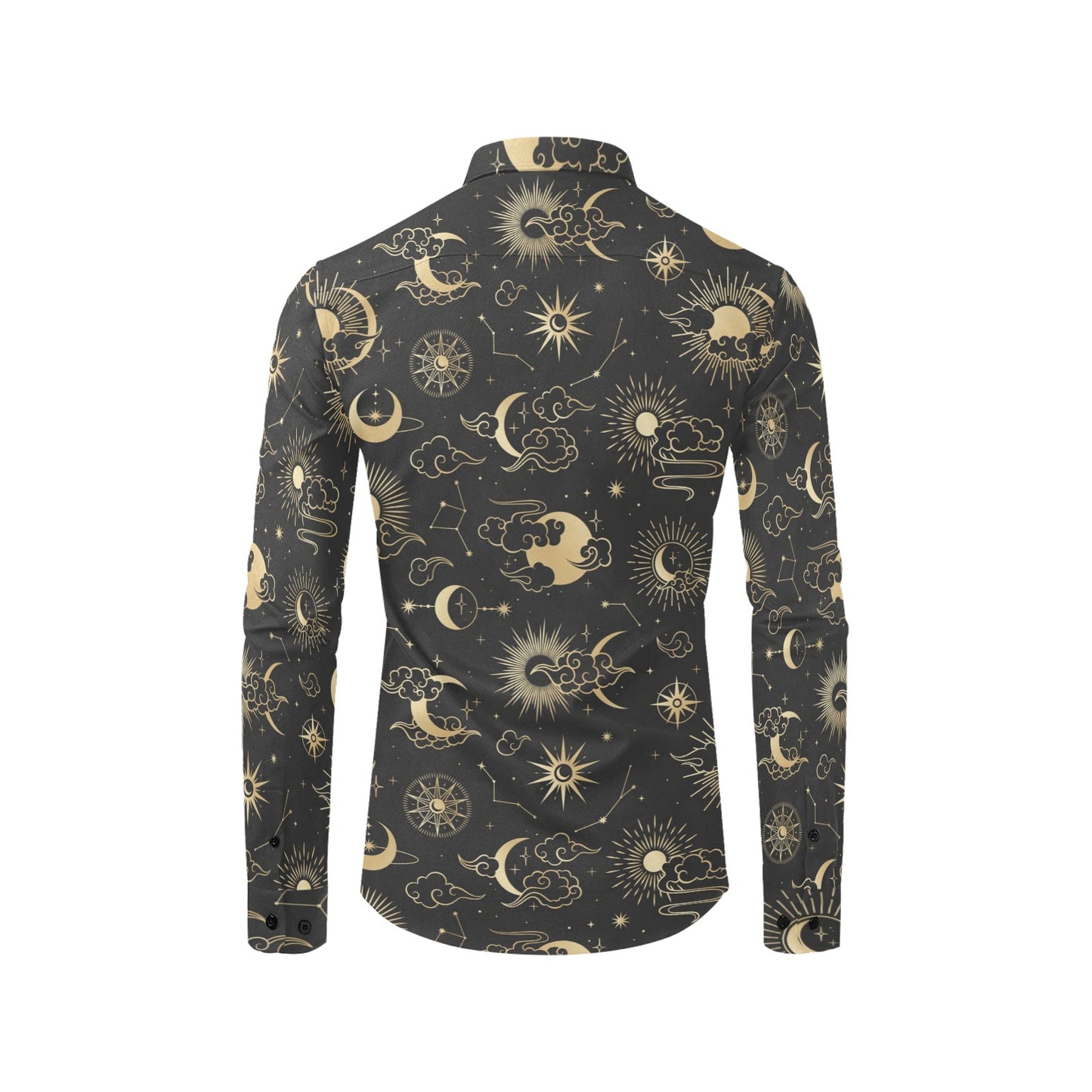 Moon Sun Long Sleeve Men Button Up Shirt, Space Stars Universe Constellation Print Buttoned Collared Dress Shirt with Chest Pocket Starcove Fashion