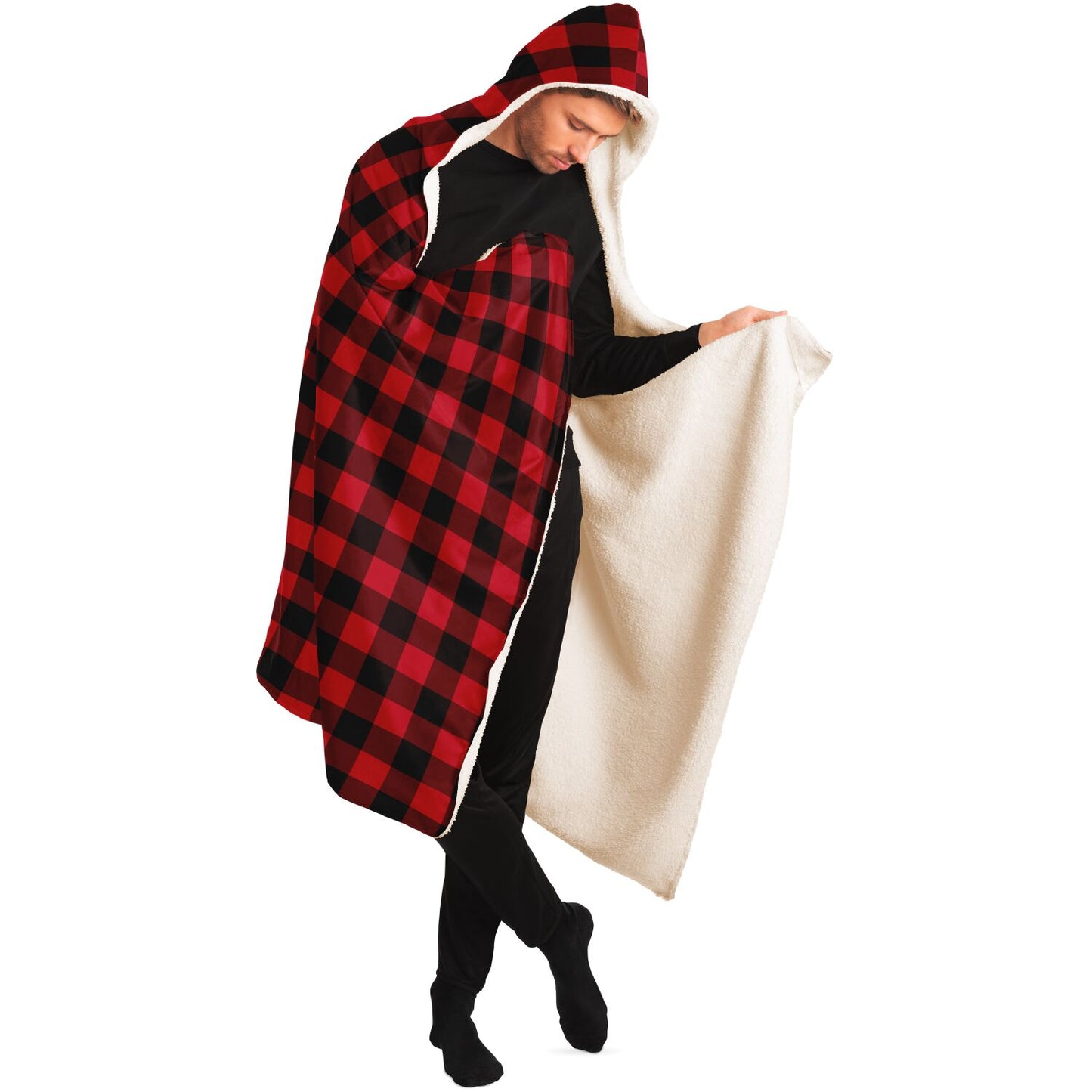 Red Black Buffalo Plaid Wearable Hooded Blanket, Sherpa Check Lumberjack Fleece Microfleece Throw Adult Youth Men Woman Cloak Winter Gift Starcove Fashion