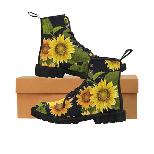 Sunflower Women's Boots, Floral Black Combat Shoes Vegan Canvas Lace Up Yellow Flower Print Ankle Casual Custom Vintage Gift Starcove Fashion