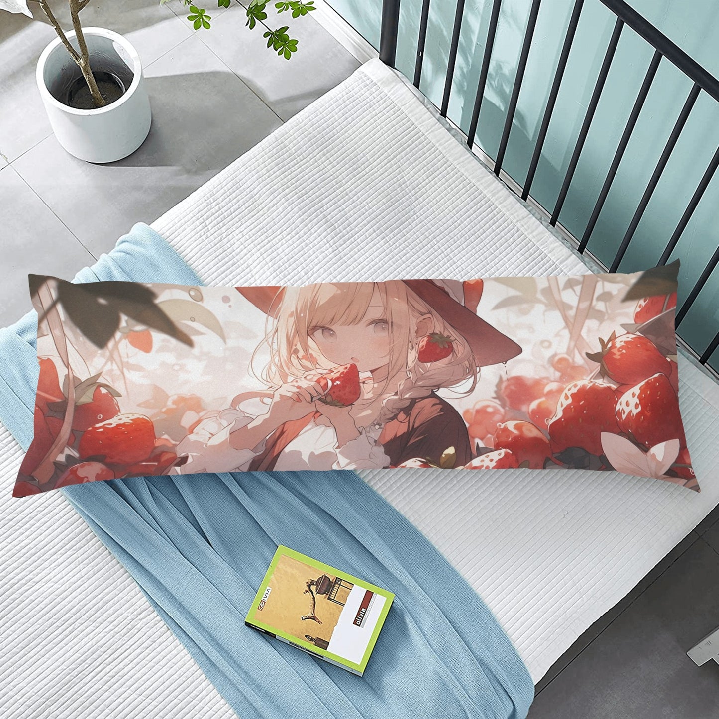 Anime Girl Body Pillow Case, Cute Strawberry Kawaii Kittens Long Large Bed Accent Print Throw Decor Decorative Cover 20x54 Satin Zipper Starcove Fashion