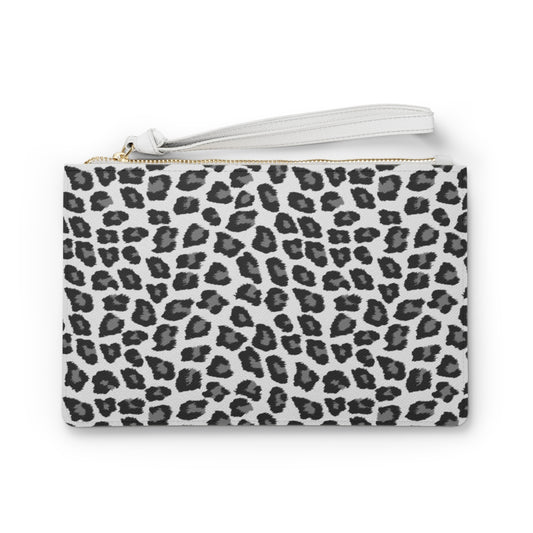 Snow Leopard Wristlet Wallet Women, Black White Animal Print Small Purse Vegan Leather Pockets Zipper Evening Modern Clutch Bag Strap Starcove Fashion