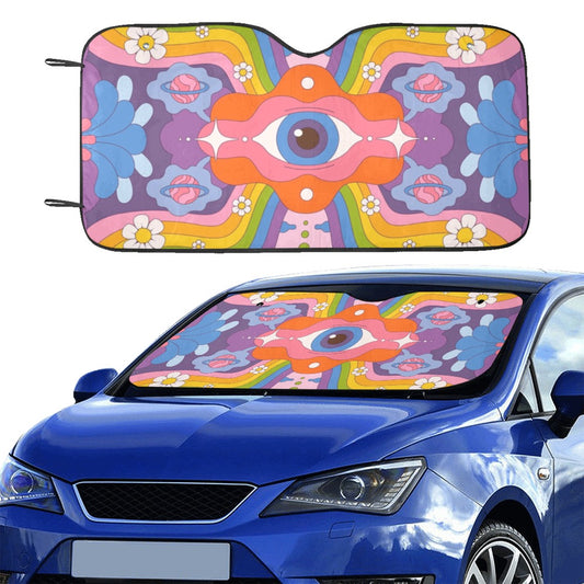 Psychedelic Windshield Sun Shade, Hippie Eye Flowers 70s Art Car Solar Reflector Auto Protector Window Visor Screen Cover Vehicle Windscreen