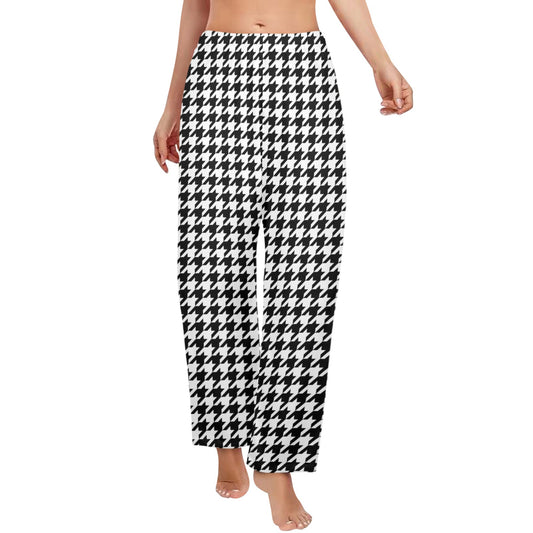 Houndstooth Women Pajamas Pants, Black White Pattern Satin PJ Pockets Trousers Couples Matching Ladies Trousers Bottoms