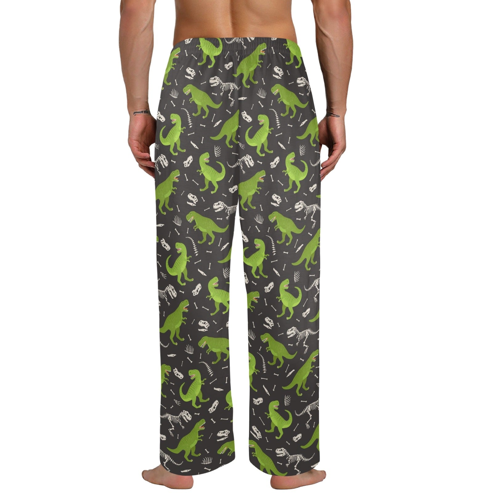 Dino Men Pajamas Pants, Green Dinosaur Satin PJ Pockets Sleep Lounge Trousers Couples Matching Trousers Bottoms Starcove Fashion