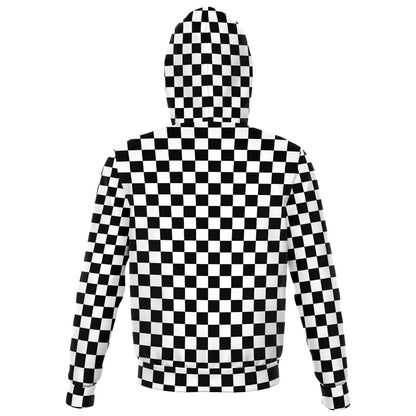 Black White Check Zip Up Hoodie, Checkered Racing Front Zip Pocket Men Women Adult Aesthetic Graphic Cotton Hooded Sweatshirt Starcove Fashion
