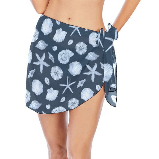 Sea Shells Sarong Wrap Skirt, Ocean Blue Print Women Bikini Bottom Cover Up Beach Front Sexy Coverup Swimwear Side Tie Short Mini Swim