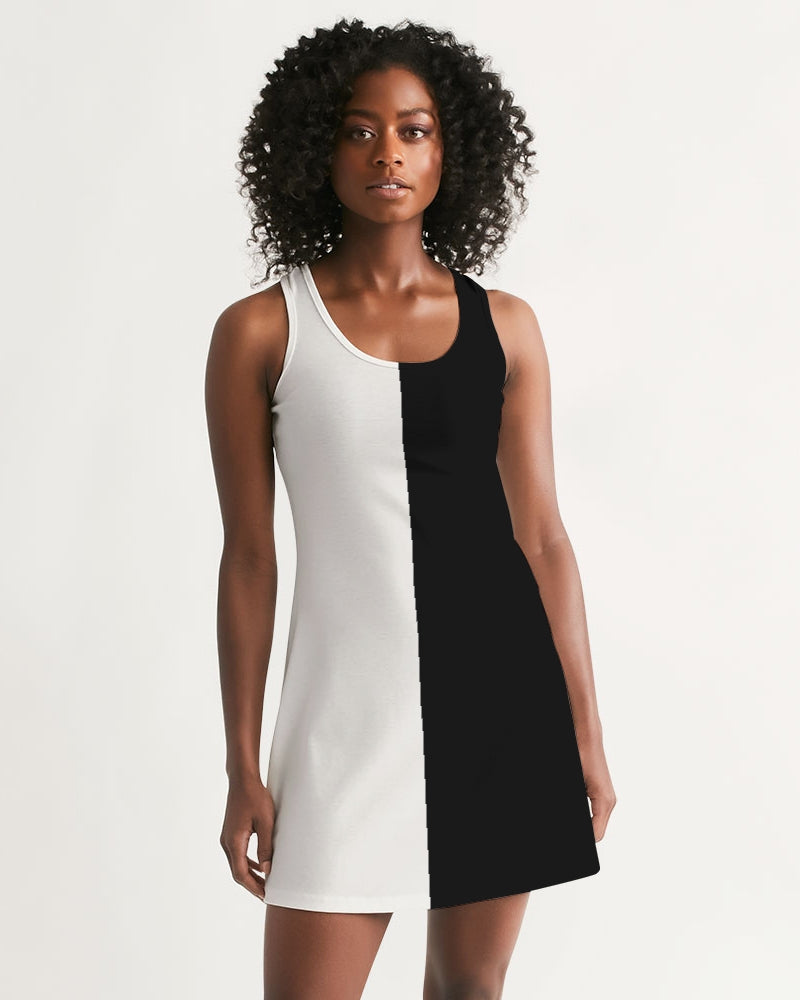 Half Black and White Women Halter Dress, Two Color Block Split 2 Tone Combo Summer Sleeveless Cocktail Mini Handmade Designer White base Color / XL Half Black and White Women Halter Dress, Two Color Block Split 2 Tone Combo Summer Sleeveless Cocktail Mini Handmade Designer White base Color / XL