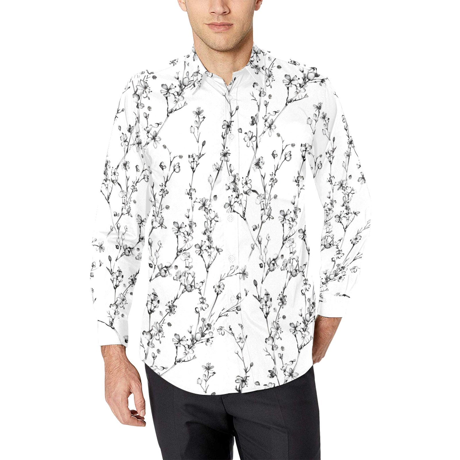 Black and White Floral Long Sleeve Men Button Up Shirt, Flowers Summer Print Dress Buttoned Collar Casual Male Guy Shirt 3XL Black and White Floral Long Sleeve Men Button Up Shirt, Flowers Summer Print Dress Buttoned Collar Casual Male Guy Shirt 3XL