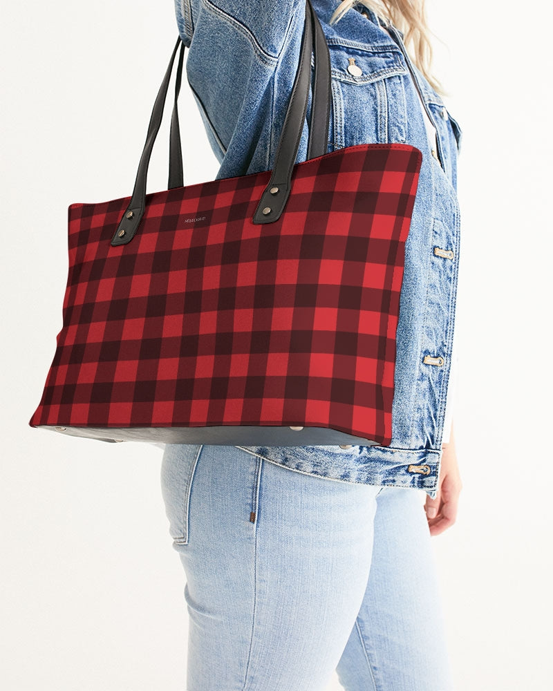 Buffalo Plaid Leather Tote Bag Purse, Black Red Checkered Vegan Faux Leather Handbag Zip on Top Designer Shoulder Bag For Women Starcove Fashion