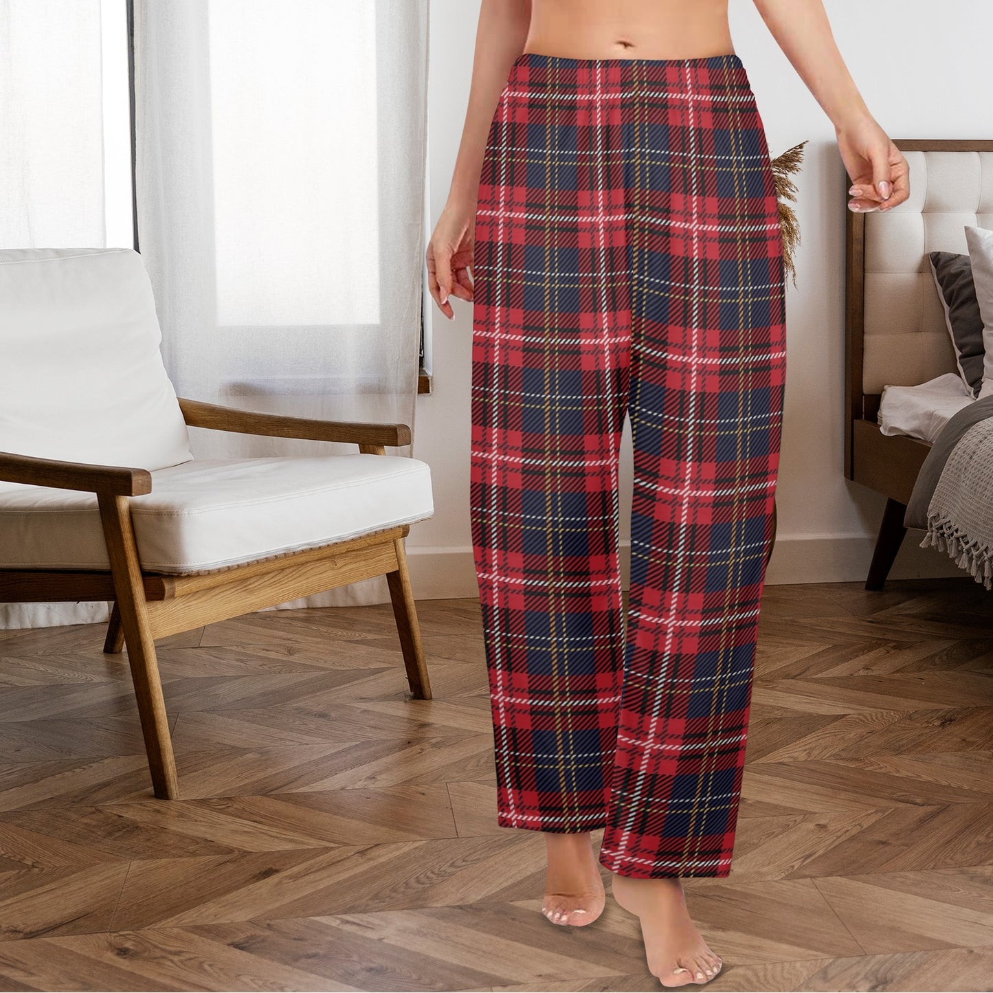 Red Buffalo Plaid Women Pajamas Pants, Black Check Tartan Christmas Xmas Satin PJ Pockets Trousers Couples Matching Ladies Trousers Bottoms