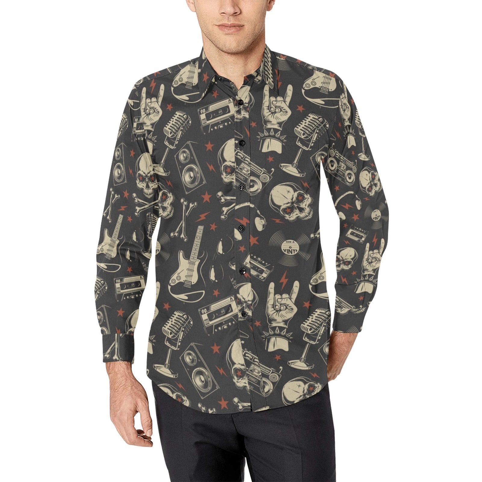 Rock Skull Long Sleeve Men Button Up Shirt, Classic Metal Music Band Guitar Print 80s Buttoned Collar Dress Shirt with Chest Pocket Guys 2XL Rock Skull Long Sleeve Men Button Up Shirt, Classic Metal Music Band Guitar Print 80s Buttoned Collar Dress Shirt with Chest Pocket Guys 2XL