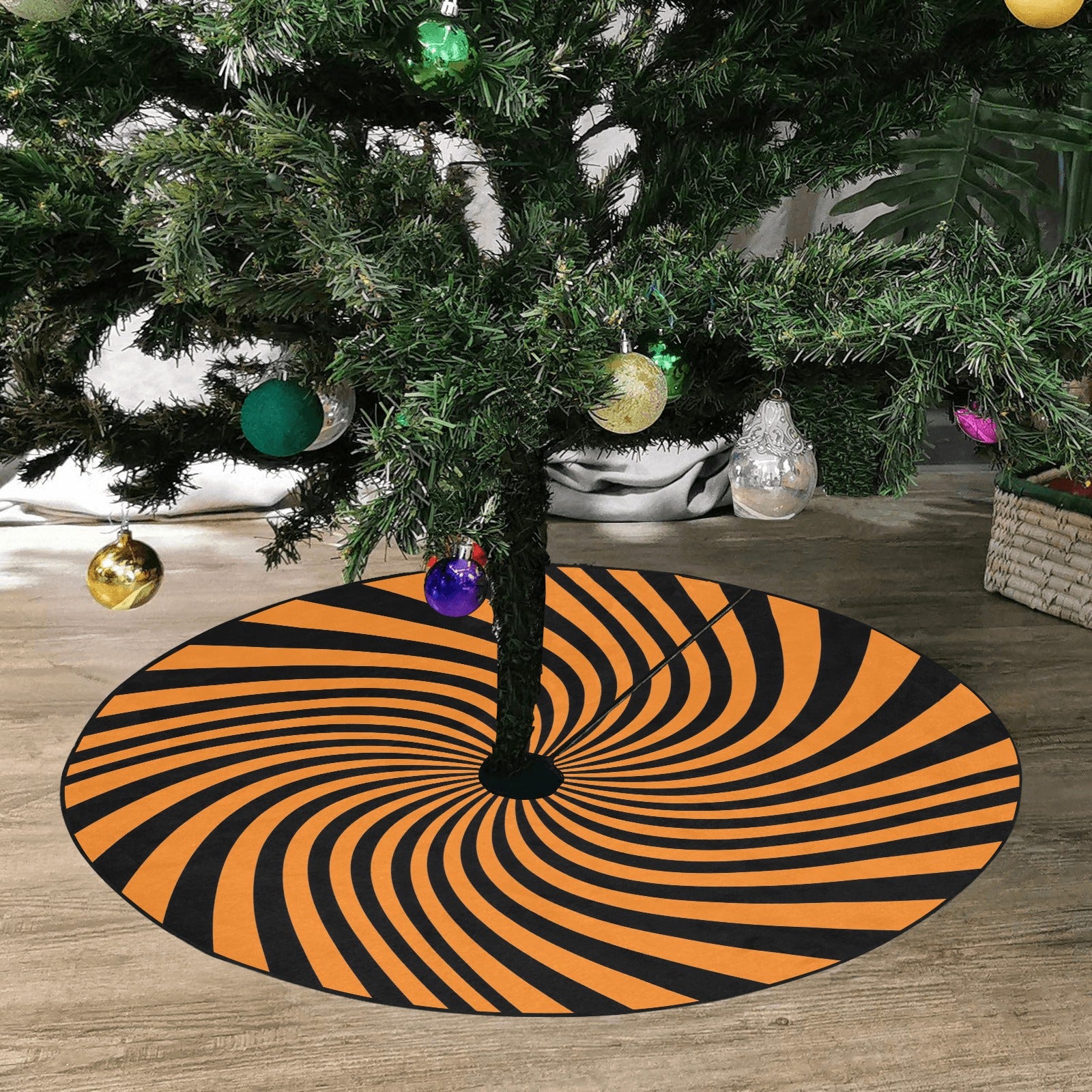 Halloween Tree Skirt, Orange Black Spiral Christmas Stand Base