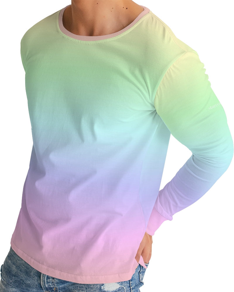 Pastel Rainbow Pink Men's Long Sleeve Tshirt, Gradient Ombre Dip Dye Kawaii Women Unisex Graphic Tee Starcove Fashion