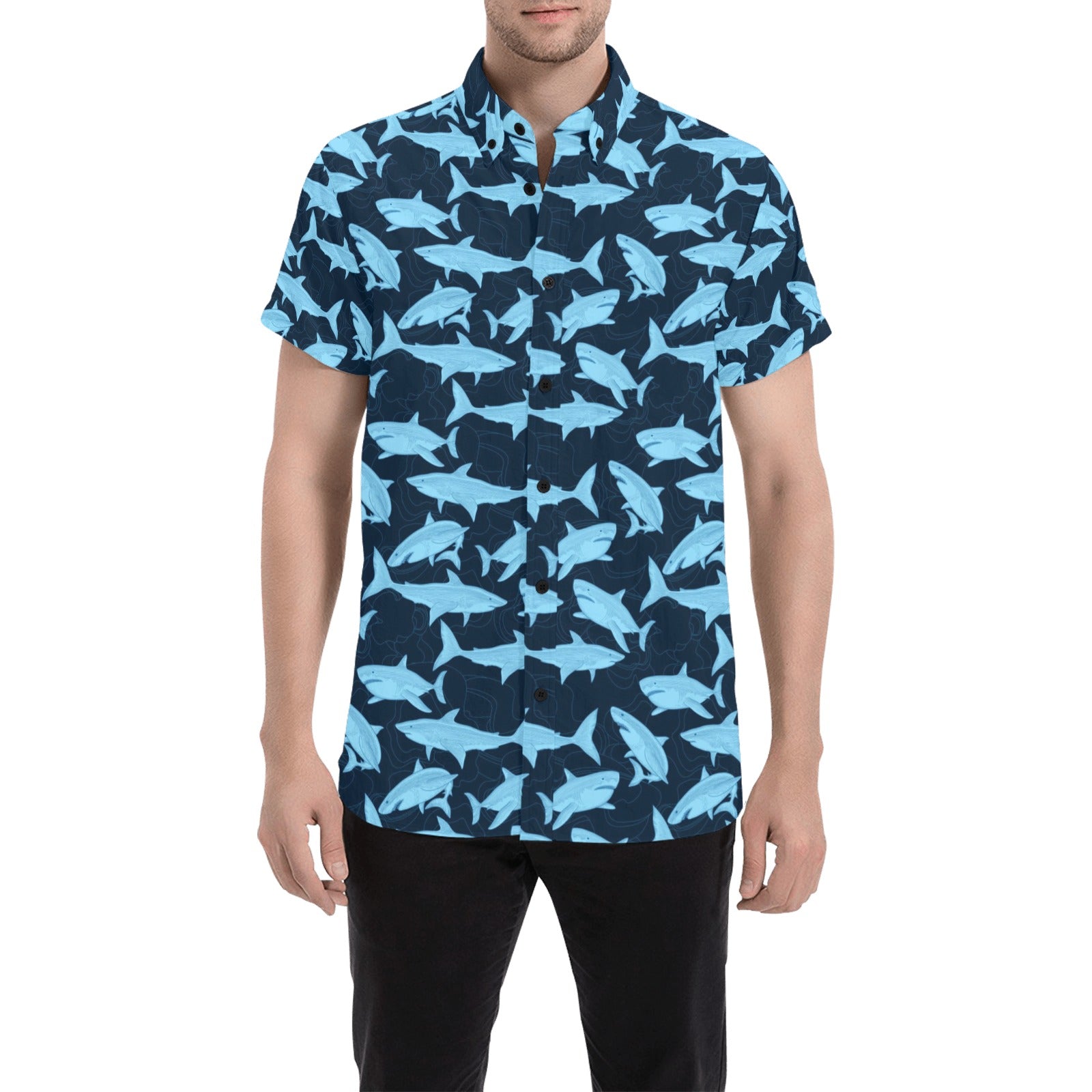 Shark Short Sleeve Men Button Up Shirt, Fish Blue Print Casual Buttoned Down Summer Dress Shirt Gift Husband XXXL