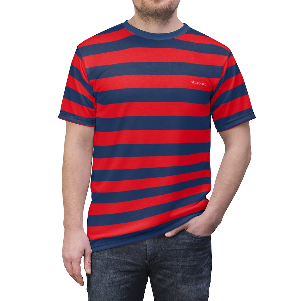 Red and Blue Striped Men T Shirt, Navy Blue Vintage Wide Horizontal St