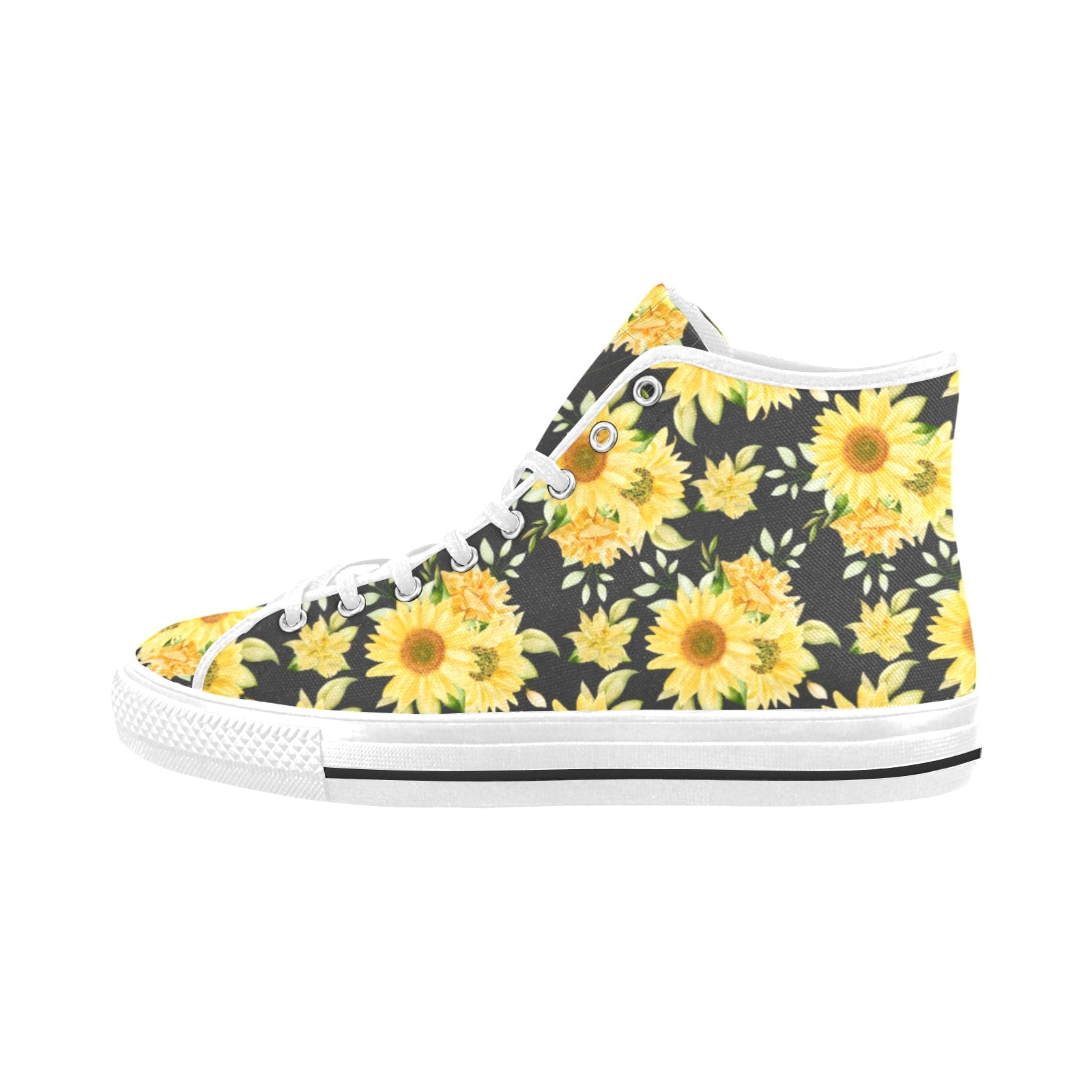 Sunflower Women High Top Shoes, Yellow Flowers Lace Up Sneakers Footwe