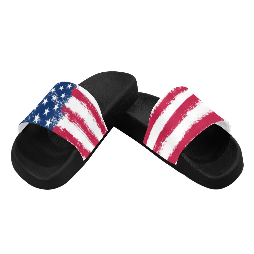 Patriotic Women Slides Sandals, American Flag Shoes Red White Blue Stars Stripes USA 4th of July Flip Flops Slip On Vegan Slippers Starcove Fashion
